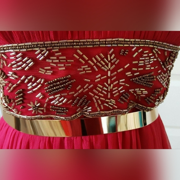 SALE🔖$395 NEW AIDAN MATTOX RUBIN RED SILK GOLD BEAD CHIFFON GOWN RUNWAY 6 M - Picture 4 of 8